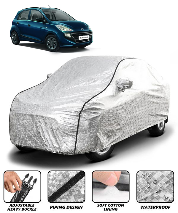 Carzex Waterproof & Heat Resistant Metallic Silver With Black Border Car Body Cover with Mirror & Antenna Pockets For Hyundai Santro 2019 New